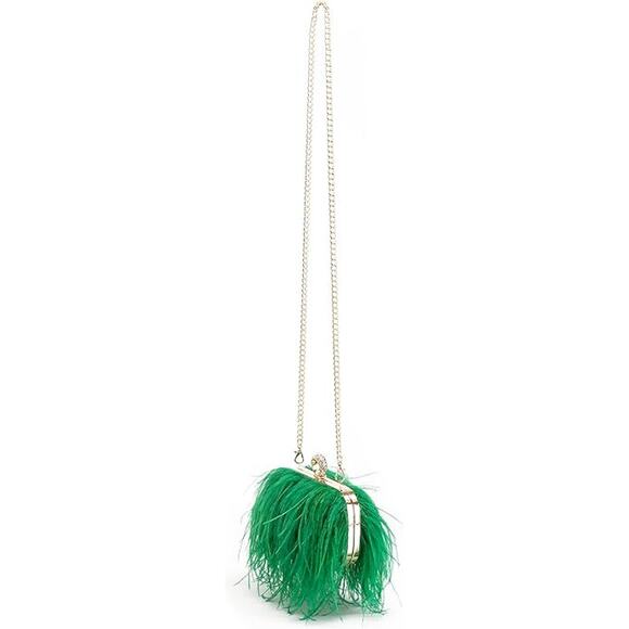 New Green Real Natural Ostrich Feather Pearl or Longer Handle Evening Bag Purse - Picture 5 of 6
